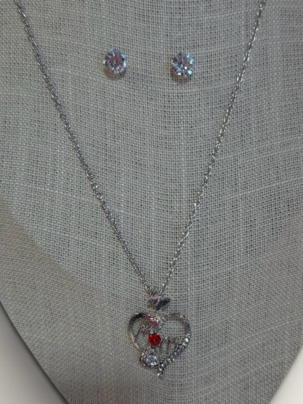 NEW Silver Heart Pendant Necklace with Red and Clear Stones